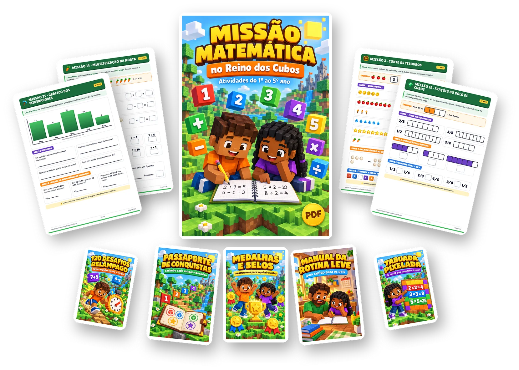 Coleção Missão Matemática no Reino dos Cubos: livro principal, páginas de atividade e materiais extras